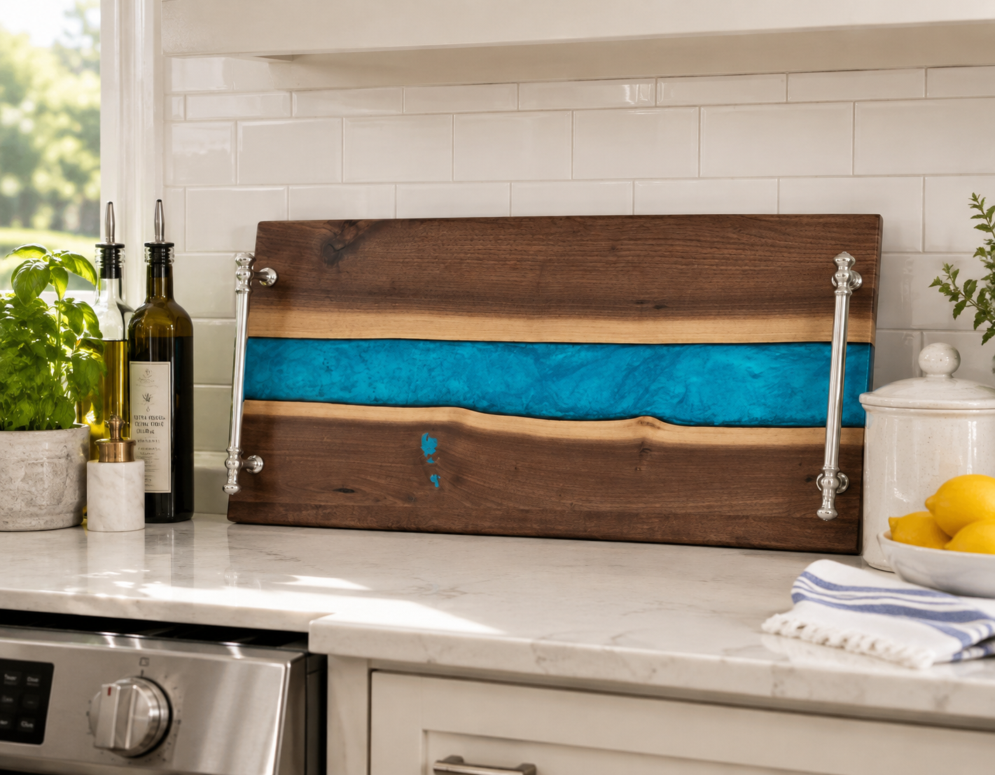 Live edge walnut charcuterie board with brushed nickel handles.png