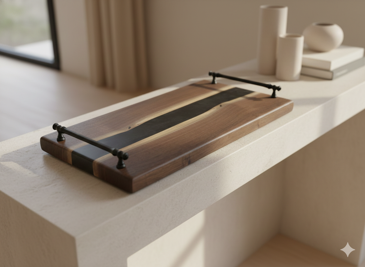 Black walnut charcuterie board on modern kitchen island.png