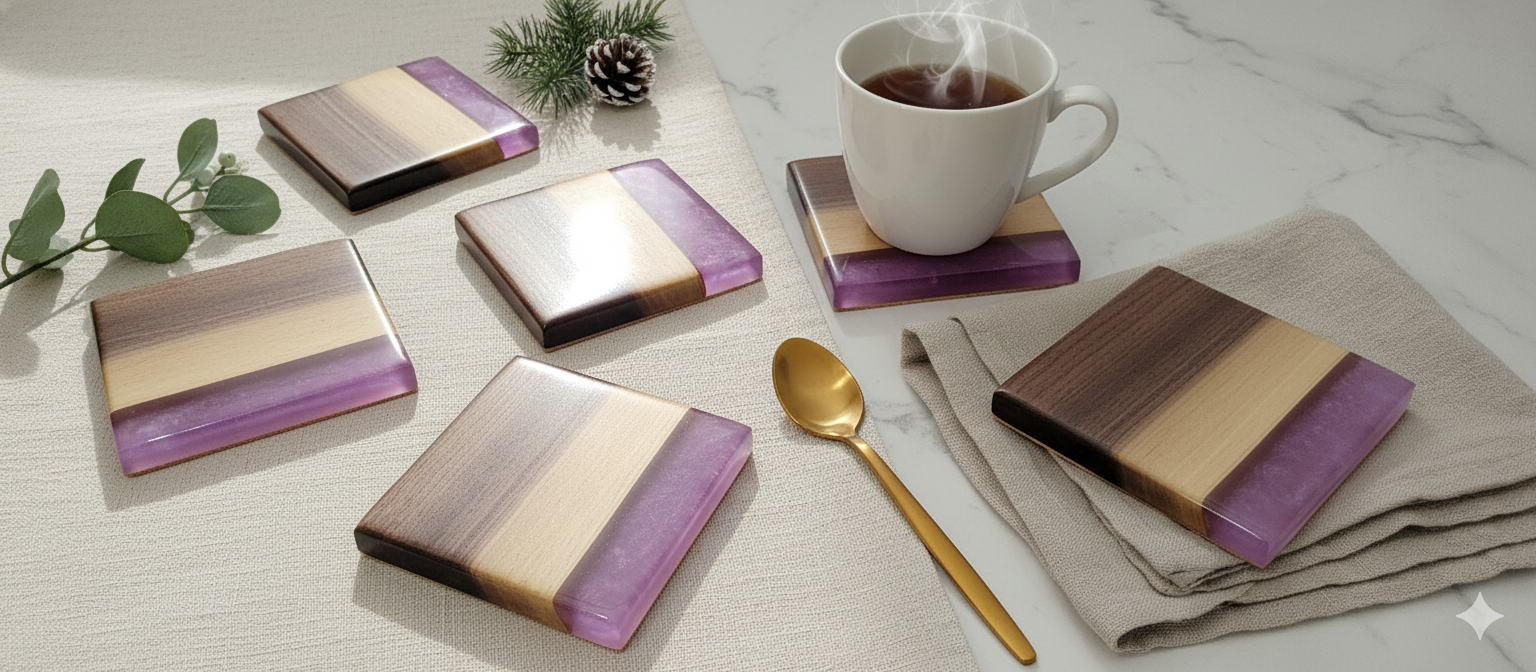 A table setting with six square coasters featuring purple, gold, and dark brown stripes, a white mug filled with steaming hot tea on one coaster, a gold spoon, a beige cloth napkin with a coaster on top, and some green leaves and a pine cone for decoration.