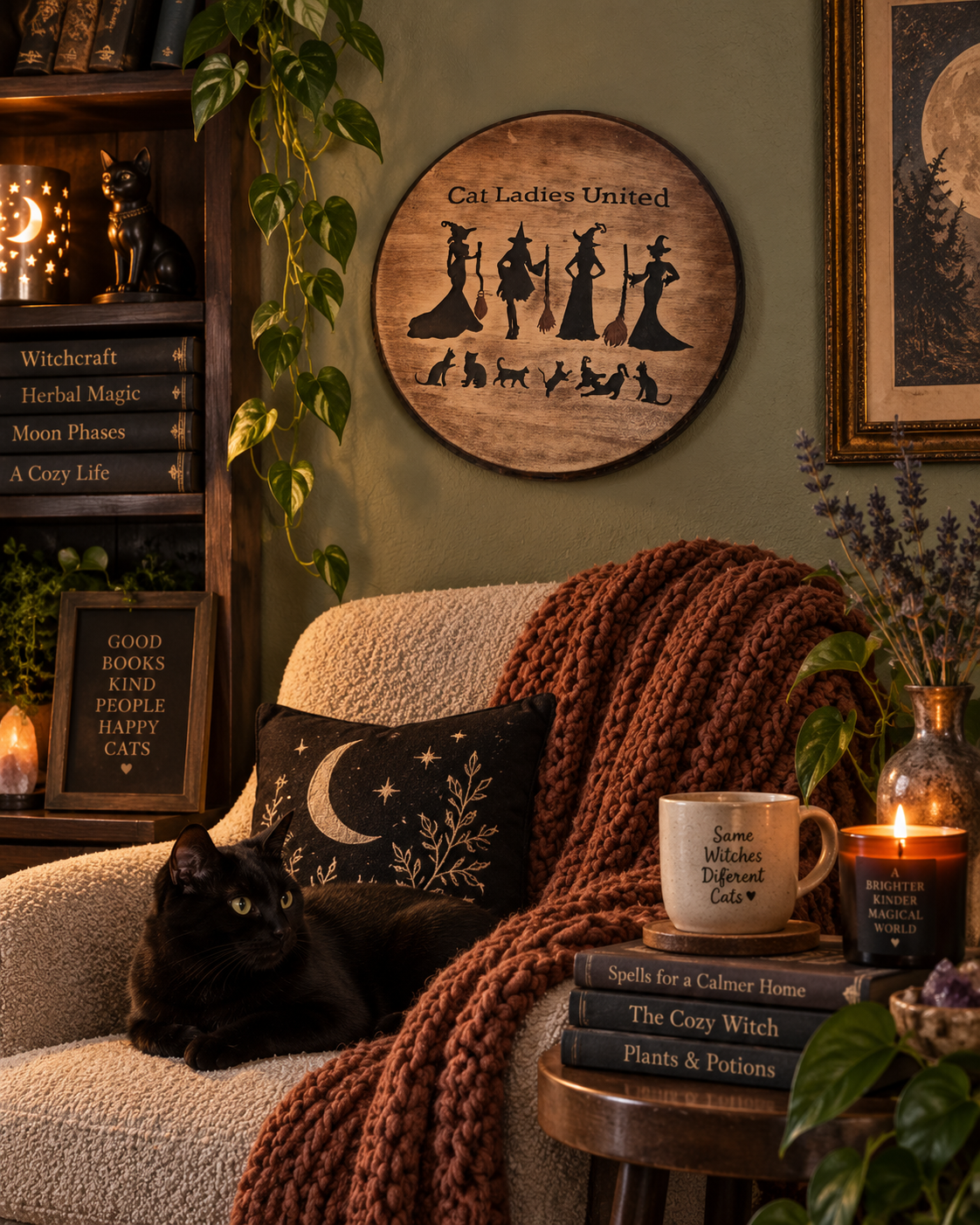 Witch and cat plaque in cozy reading nook.png