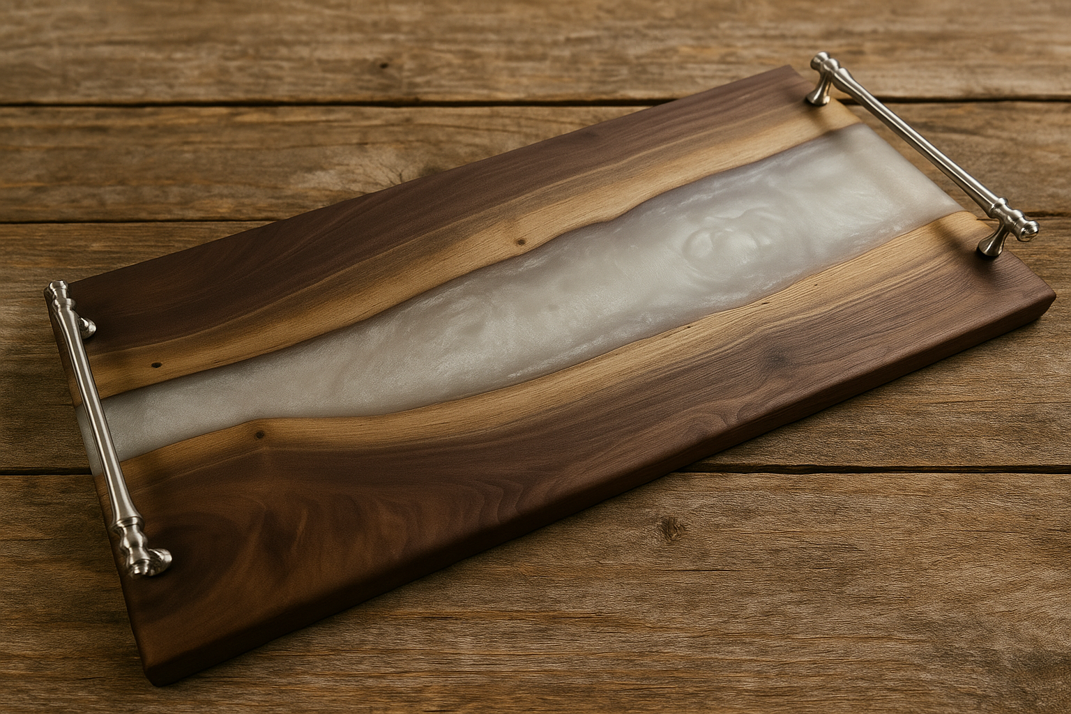 A Charcuterie board with a textured, flowing white epoxy resin river running through its center,metal handles on both ends, placed on a wooden surface.