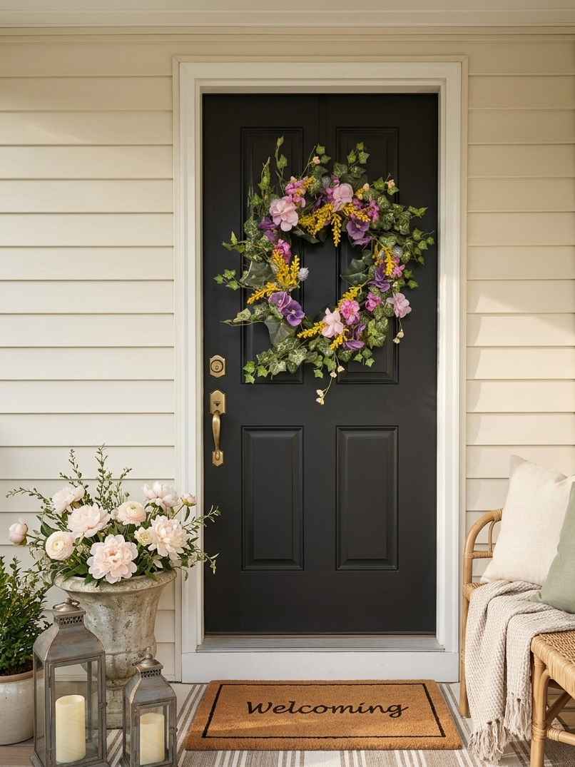 summer cottage garden wreath on black door