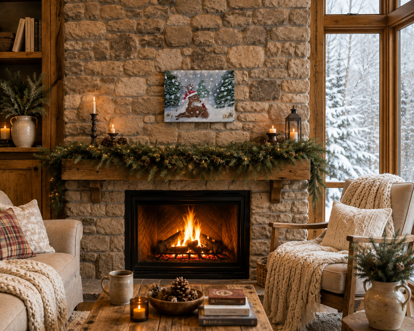 Cozy cabin deer painting with evergreen forest.png