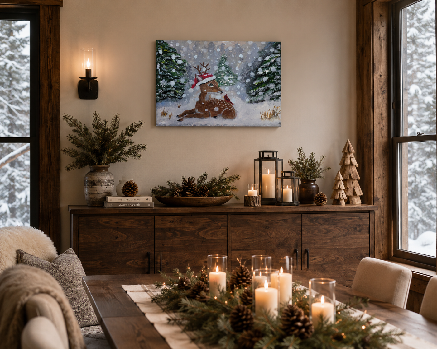 Hand painted winter woodland wall art with resting fawn.png