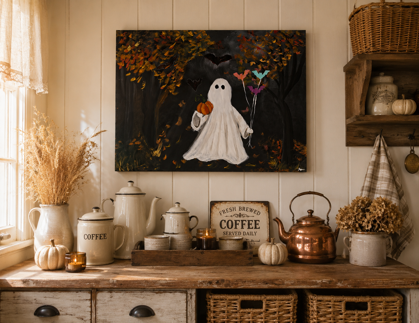 A Haunting We Will Go – Hand Painted Ghost & Bat Balloons Canvas Wall Art (18" x 24"