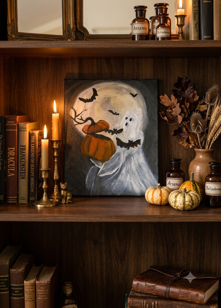 Cozy Halloween wall art with ghost, bats, pumpkins, and moon on an 8 × 10 canvas.png