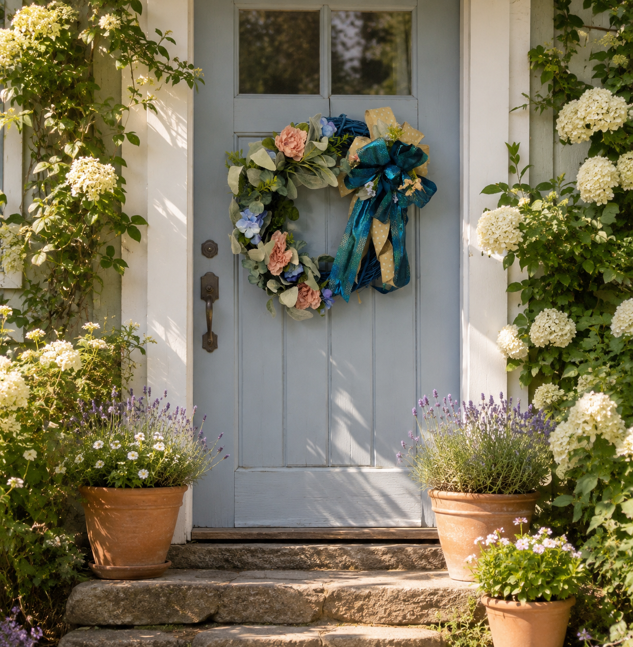 Cottage garden wreath with blue hydrangeas.png
