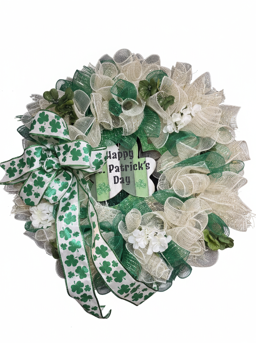 Green deco mesh wreath with shamrock sign.png
