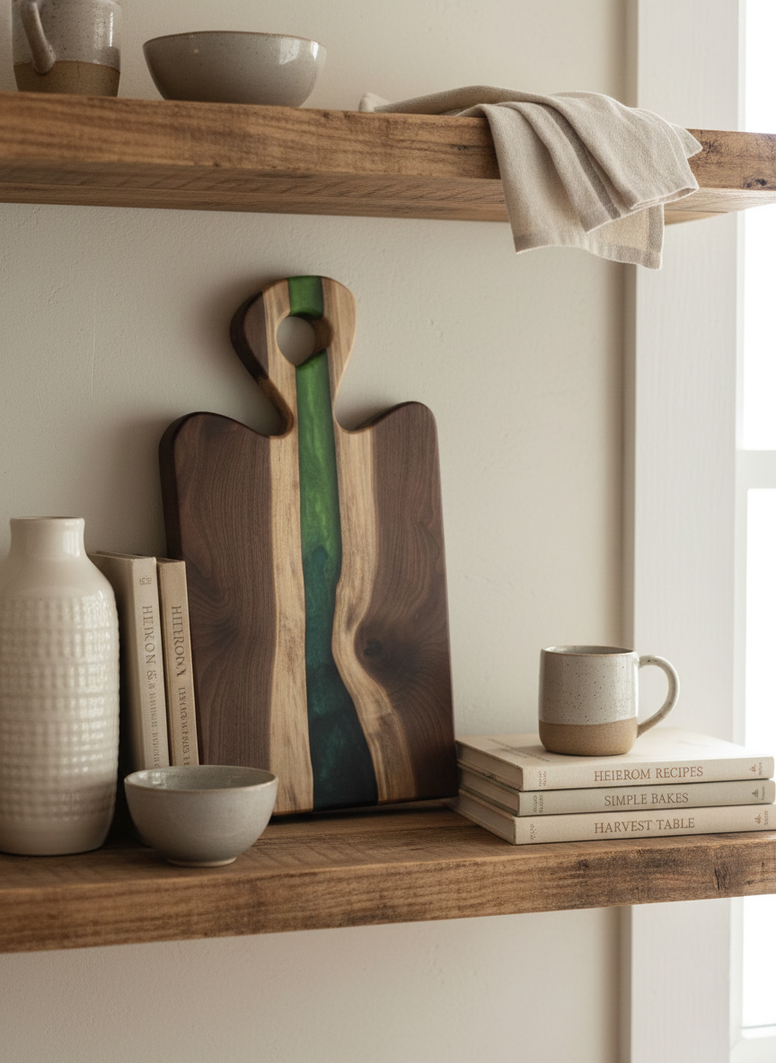 Green ombré charcuterie board displayed on open shelving.png