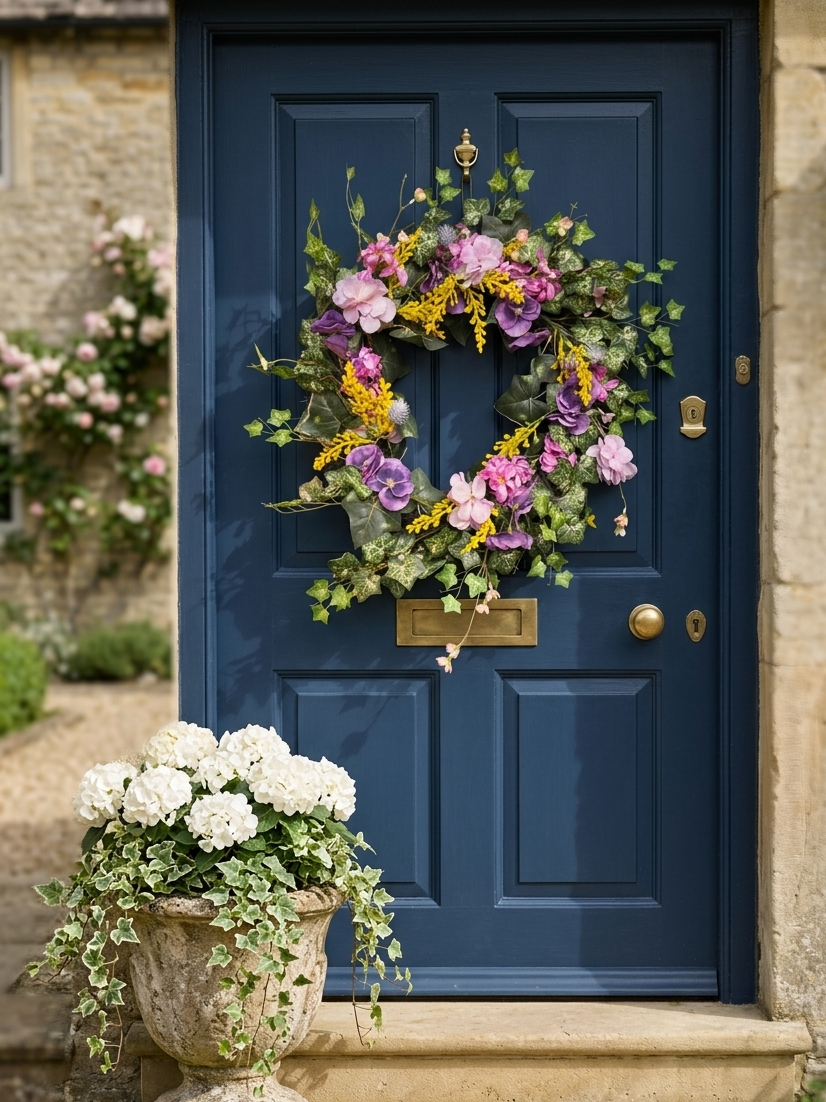 summer cottage garden wreath on blue door