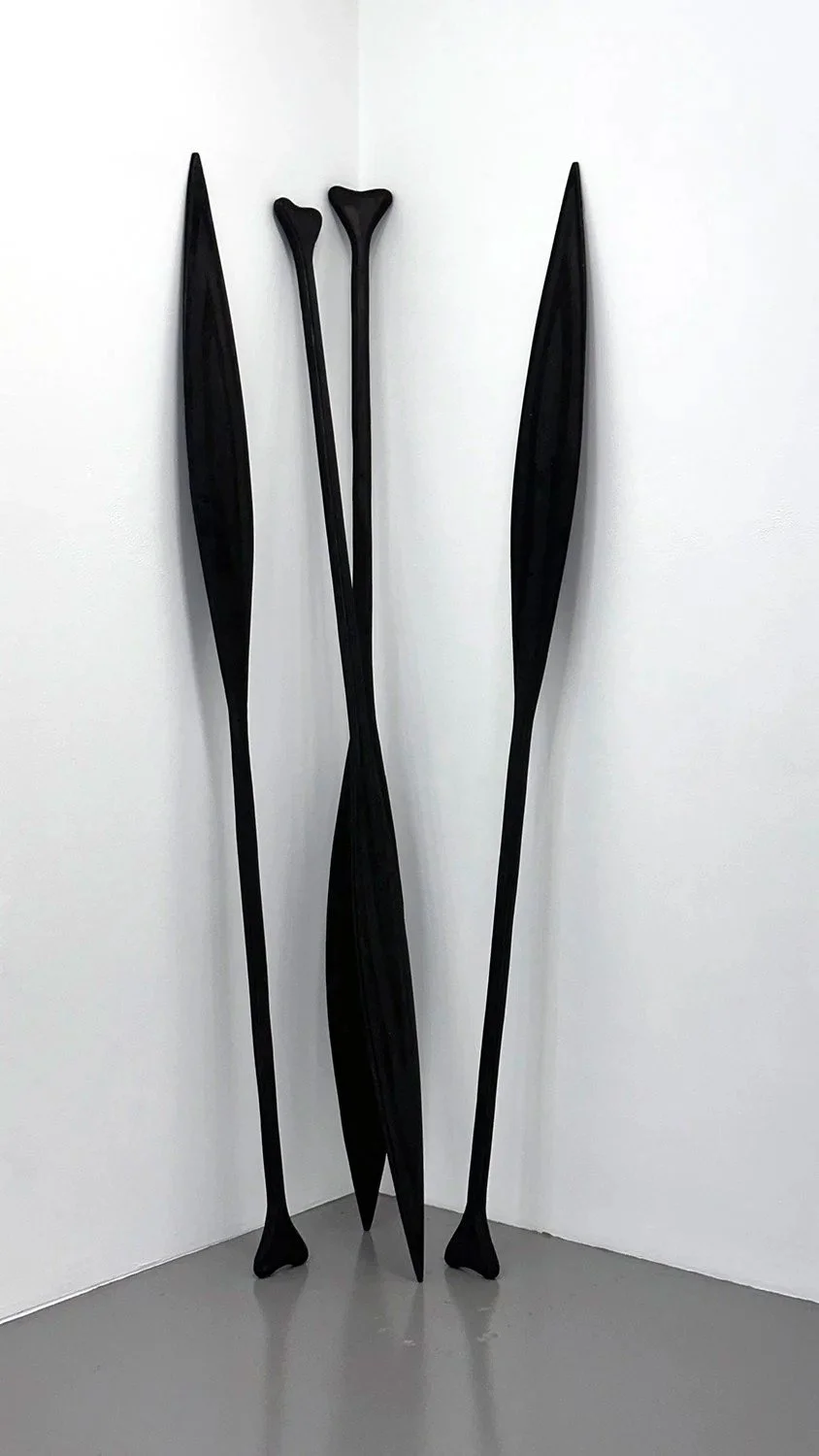 Thomas Sleet
UP RIVER: OARS OF OUR FATHERS, 2025
Wood, charring, shoe polish, linseed oil
96 H x 72 W x 24 D in., four elements (243.8 x 182.9 x 61 cm)