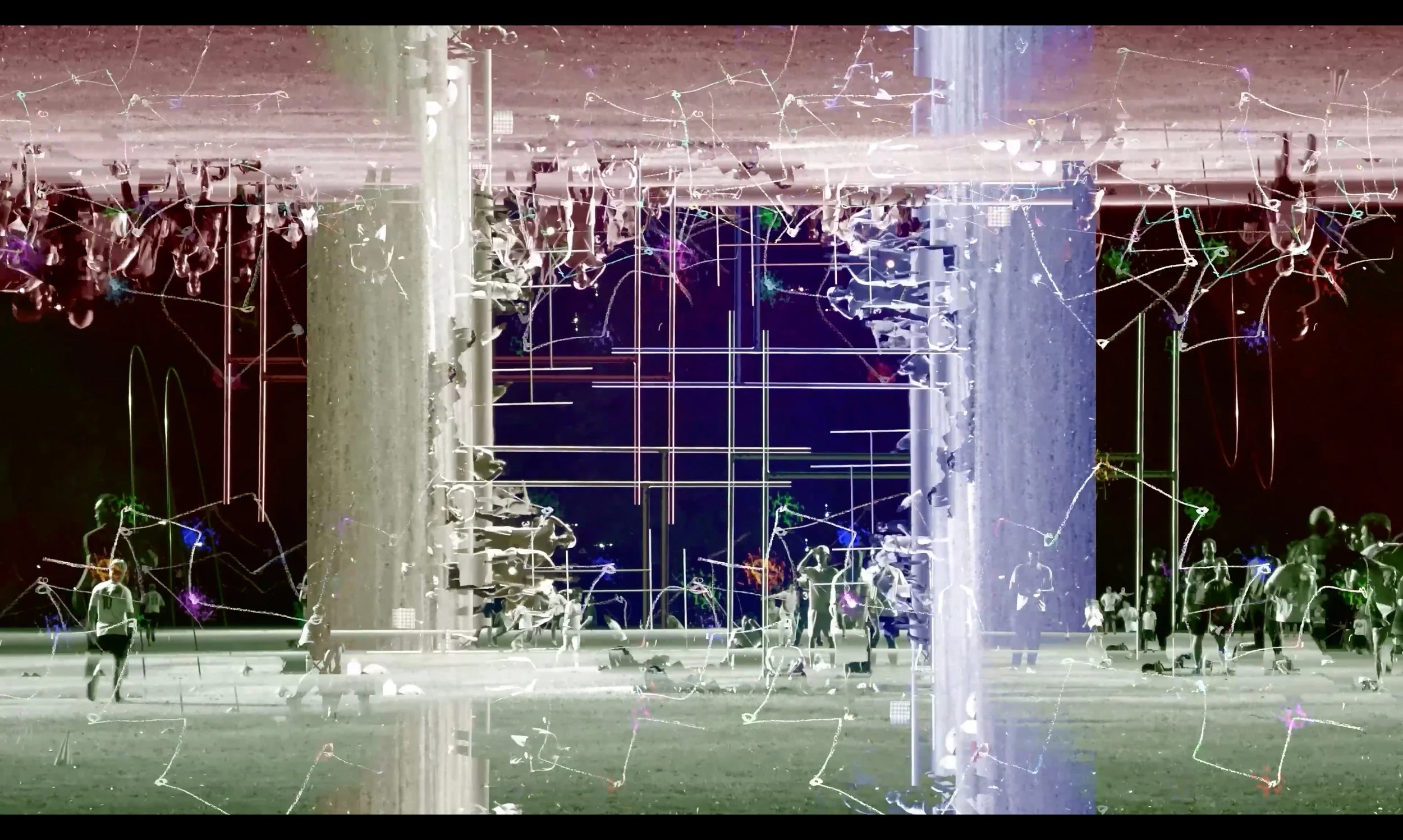 Contemporary Artwork of mixed media with a structure and trees in the background, illuminated by some lights, with digital or light effects over the image.