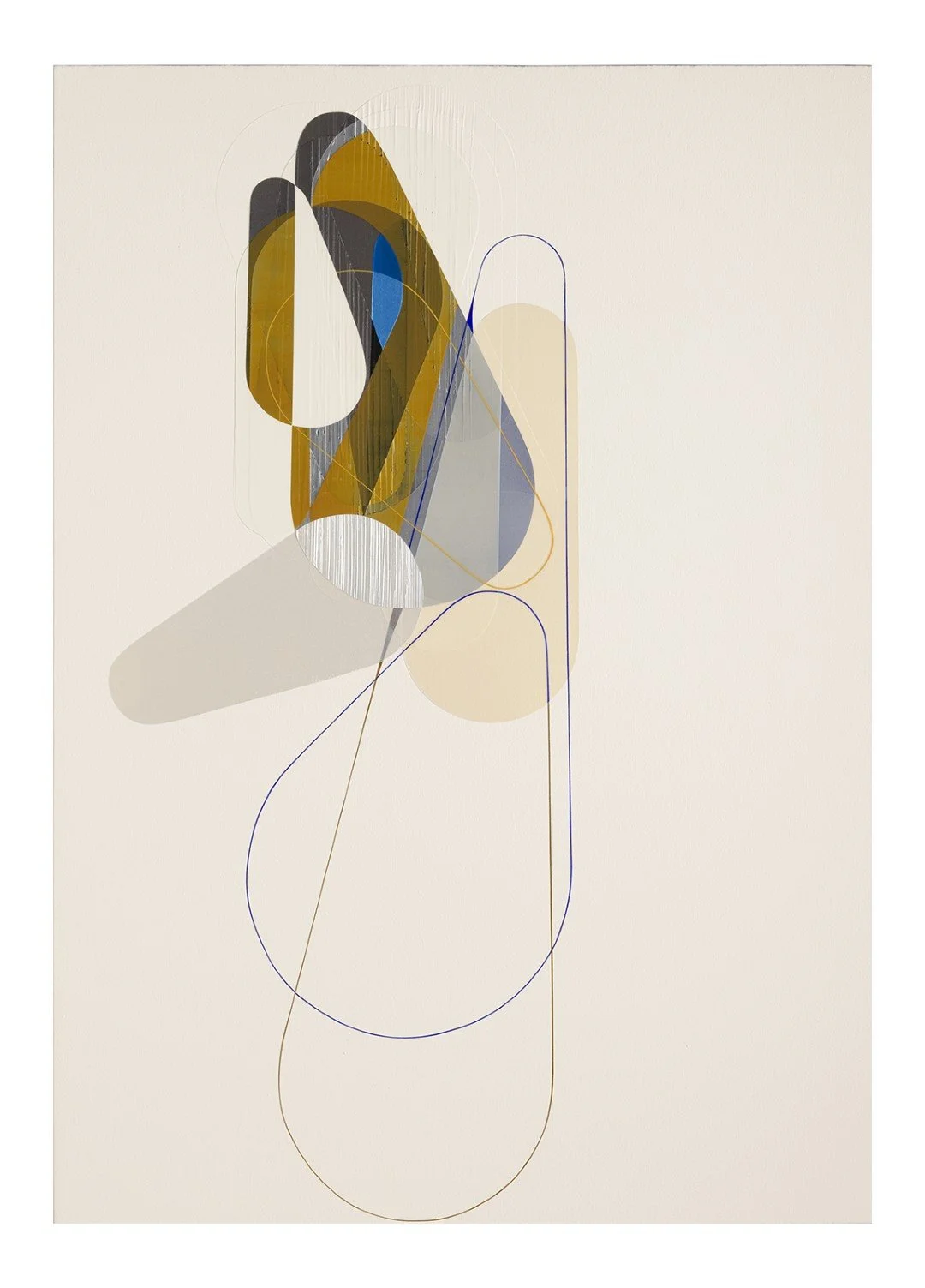 Abstract geometric artwork with overlapping shapes in mustard yellow, dark blue, gray, and black on a white background, casting shadows.
