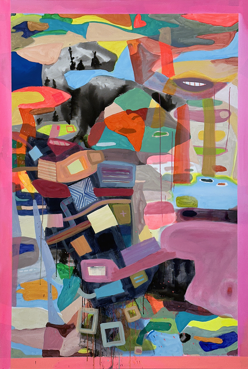 Abstract colorful painting with various shapes, colors, and textures, featuring a mix of geometric and organic forms with bright pink border.