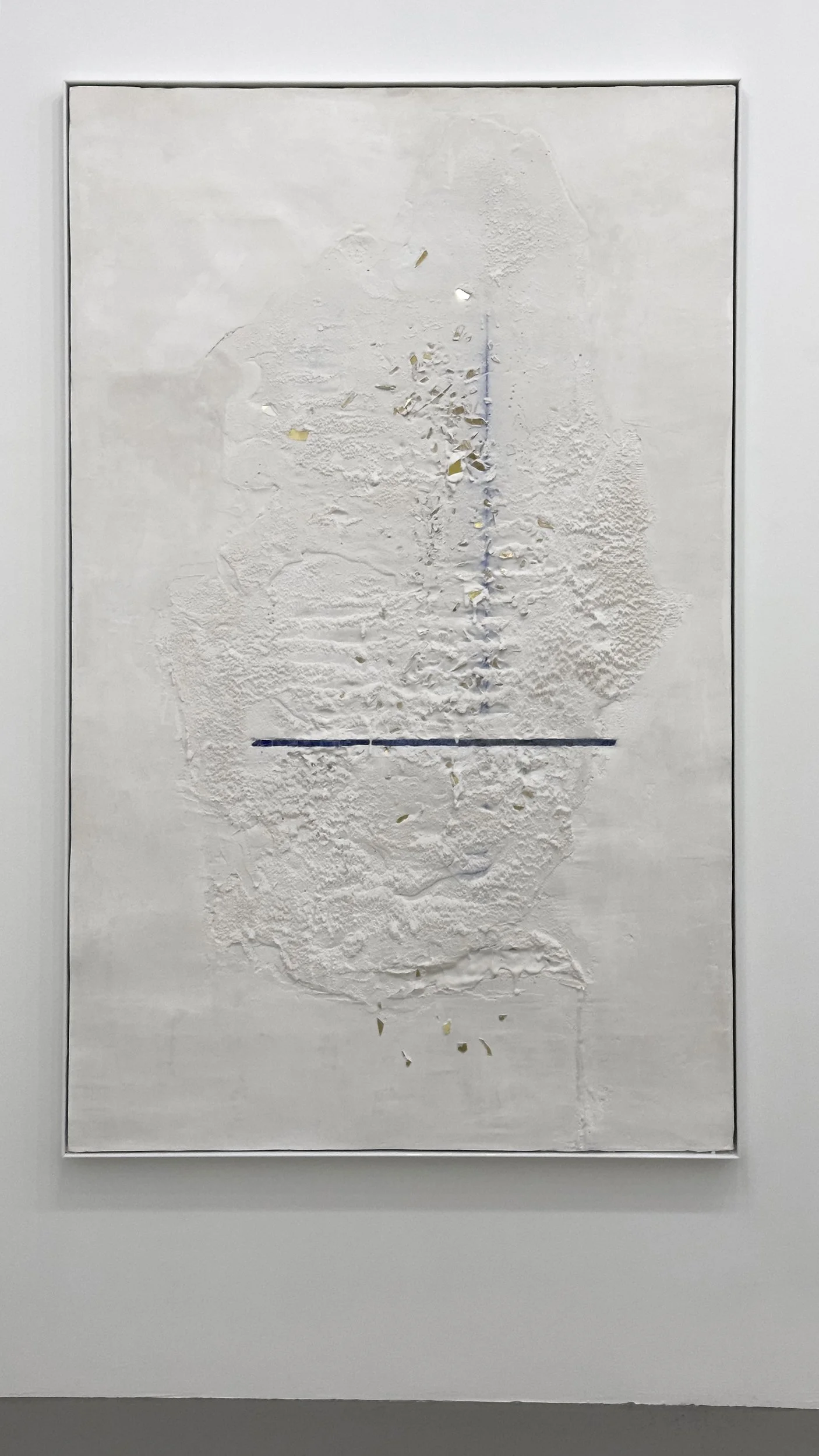 painting with white textured surface with a faint dark horizontal line and a vertical line, showing signs of peeling
