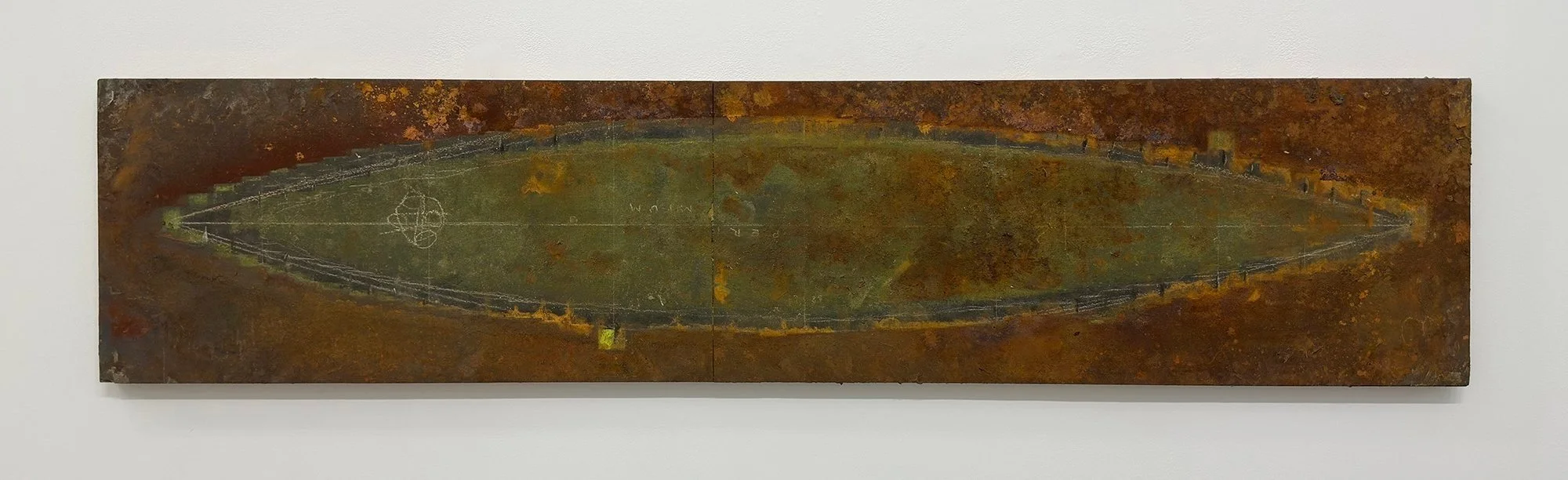 Thomas Sleet
DOWNRIVER: VESSEL, 2024
Tar paper, acrylic, iron rust, marble dust
16.75 H x 75 W x 1.5 D in. (42.5 x 190.5 x 3.8 cm)