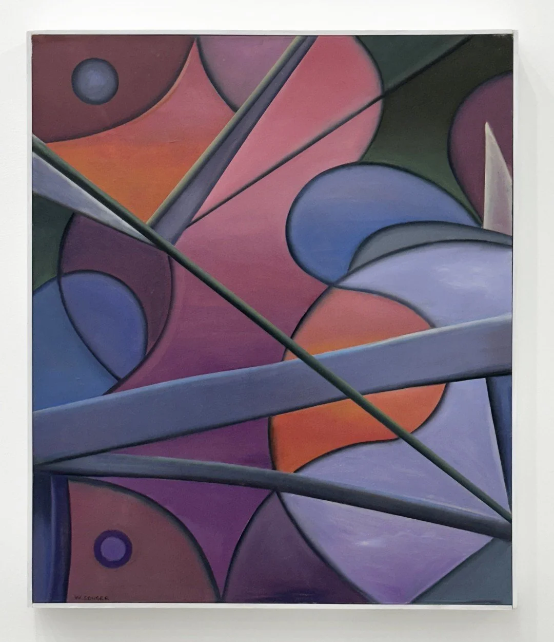 Abstract painting with colorful geometric shapes and intersecting lines in shades of purple, orange, blue, and green.