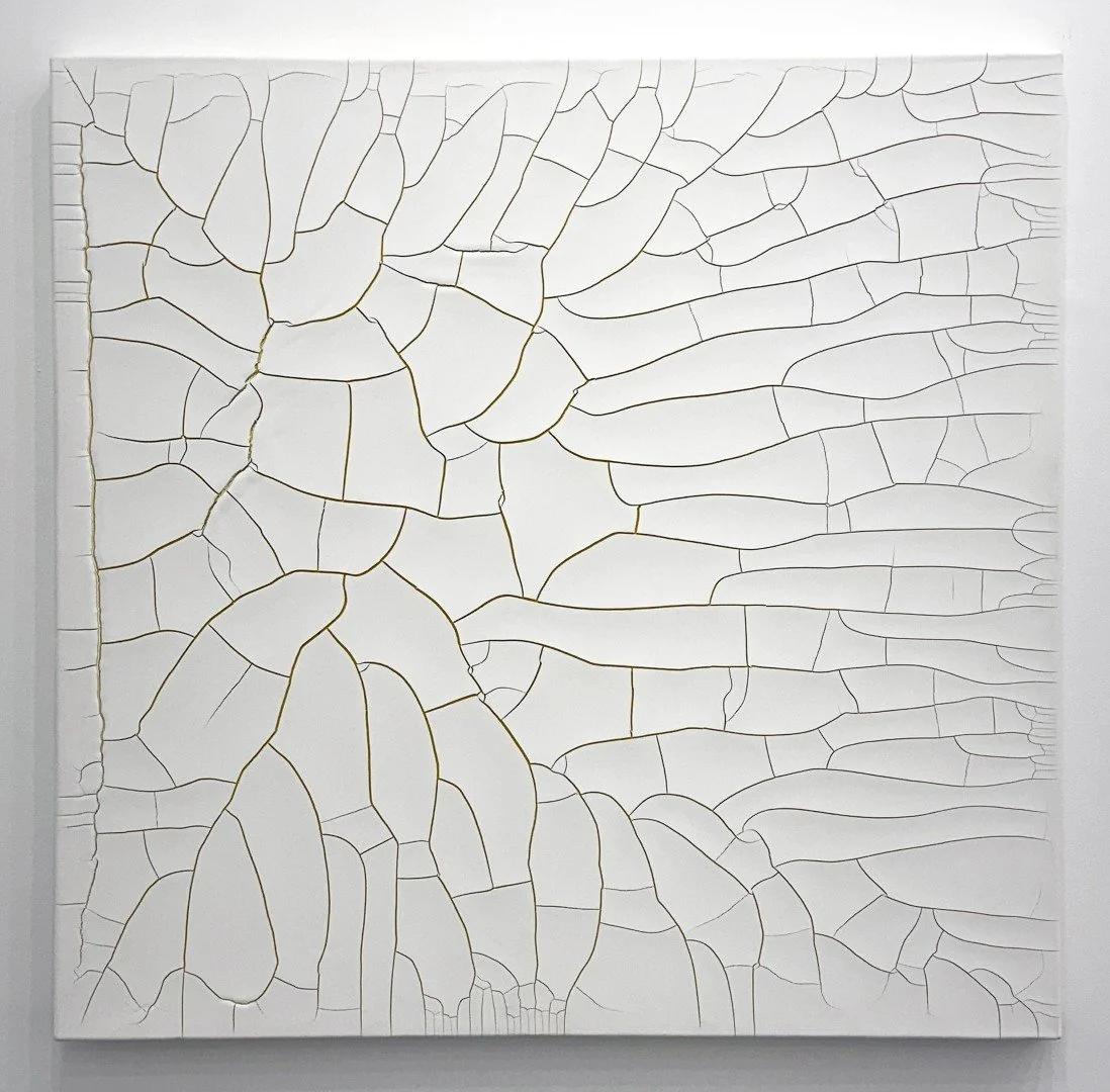 Abstract painting resembling cracked or broken surface with irregular shapes and lines.