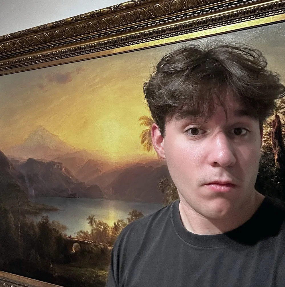 A young man with brown hair taking a selfie in front of a large landscape painting depicting a river, mountains, and a sunset.
