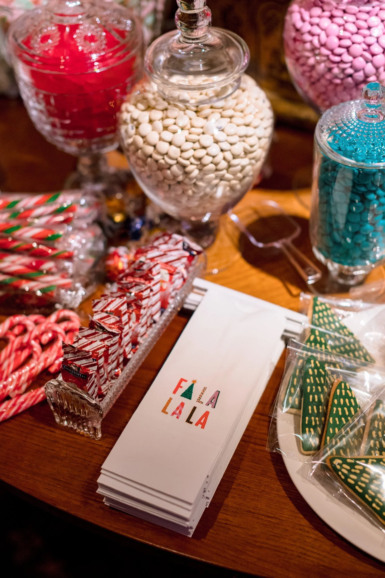 bay-area-corporate-holiday-party-fa-la-la-holiday-candy-bar-peppermint-candy-canes-christmas-tree-cookies-custom-printed-favor-bags.jpg