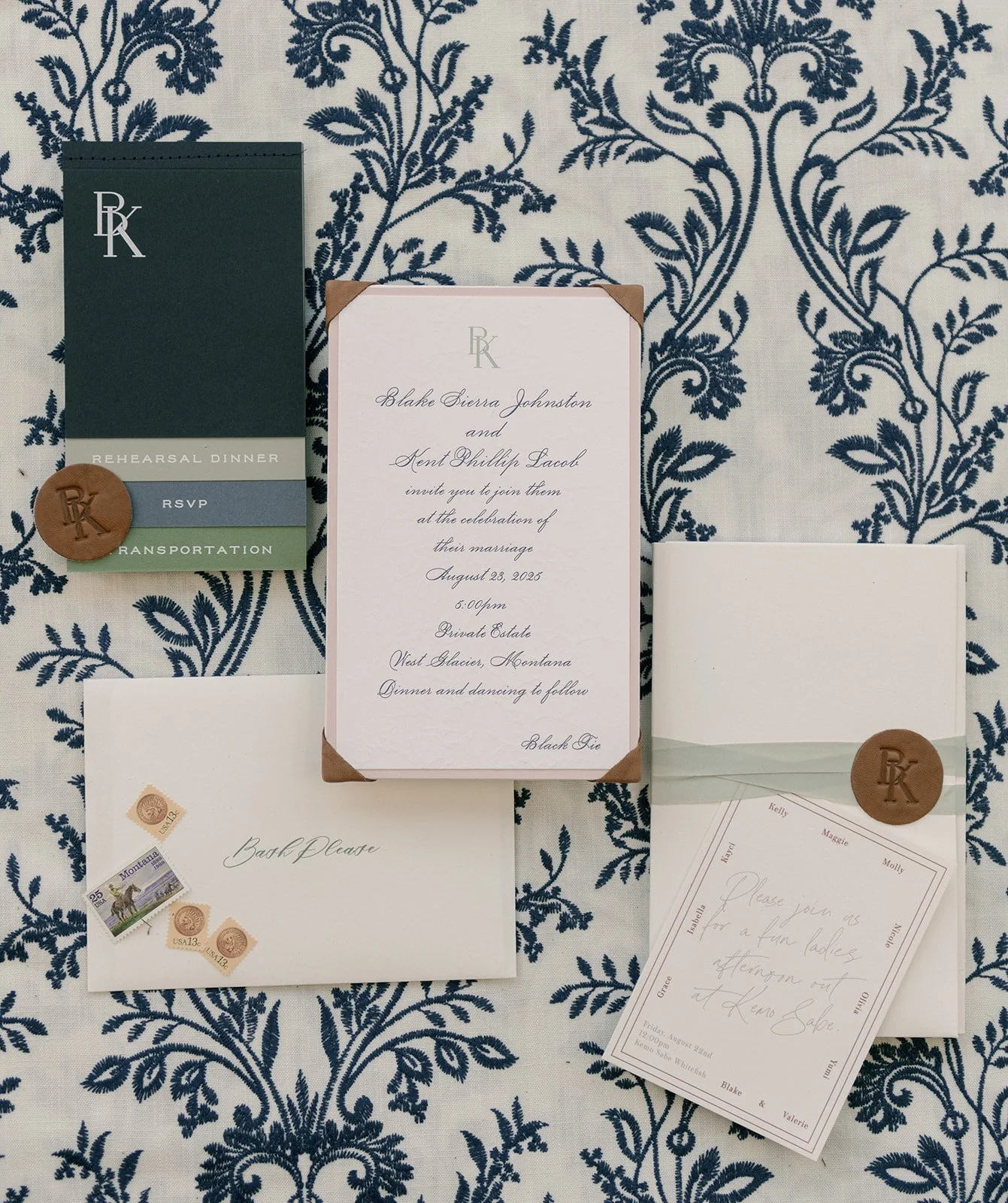 Blue and green minimalistic style wedding invitations