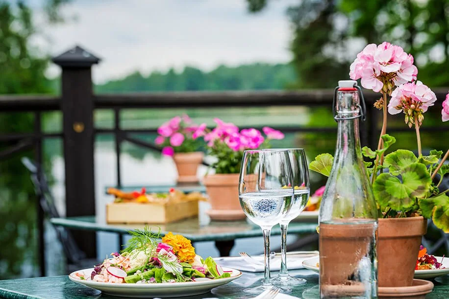 Outdoor dining table with a plate of salad, two glasses of water, a glass bottle of water, and potted pink geranium flowers.
