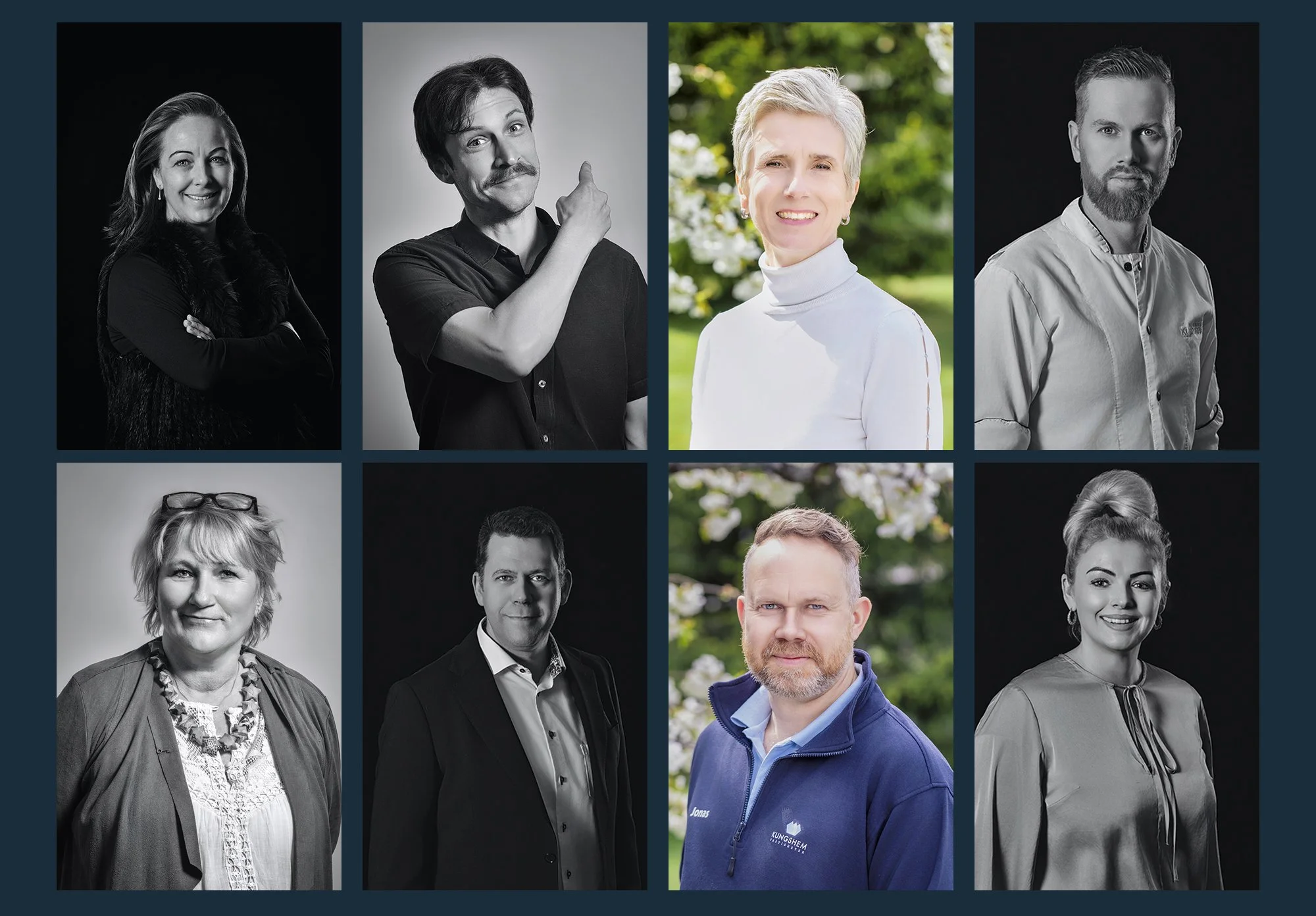 Collage of eight portraits of different adults, some in color outdoors and some in black and white studio shots, featuring men and women with various expressions.
