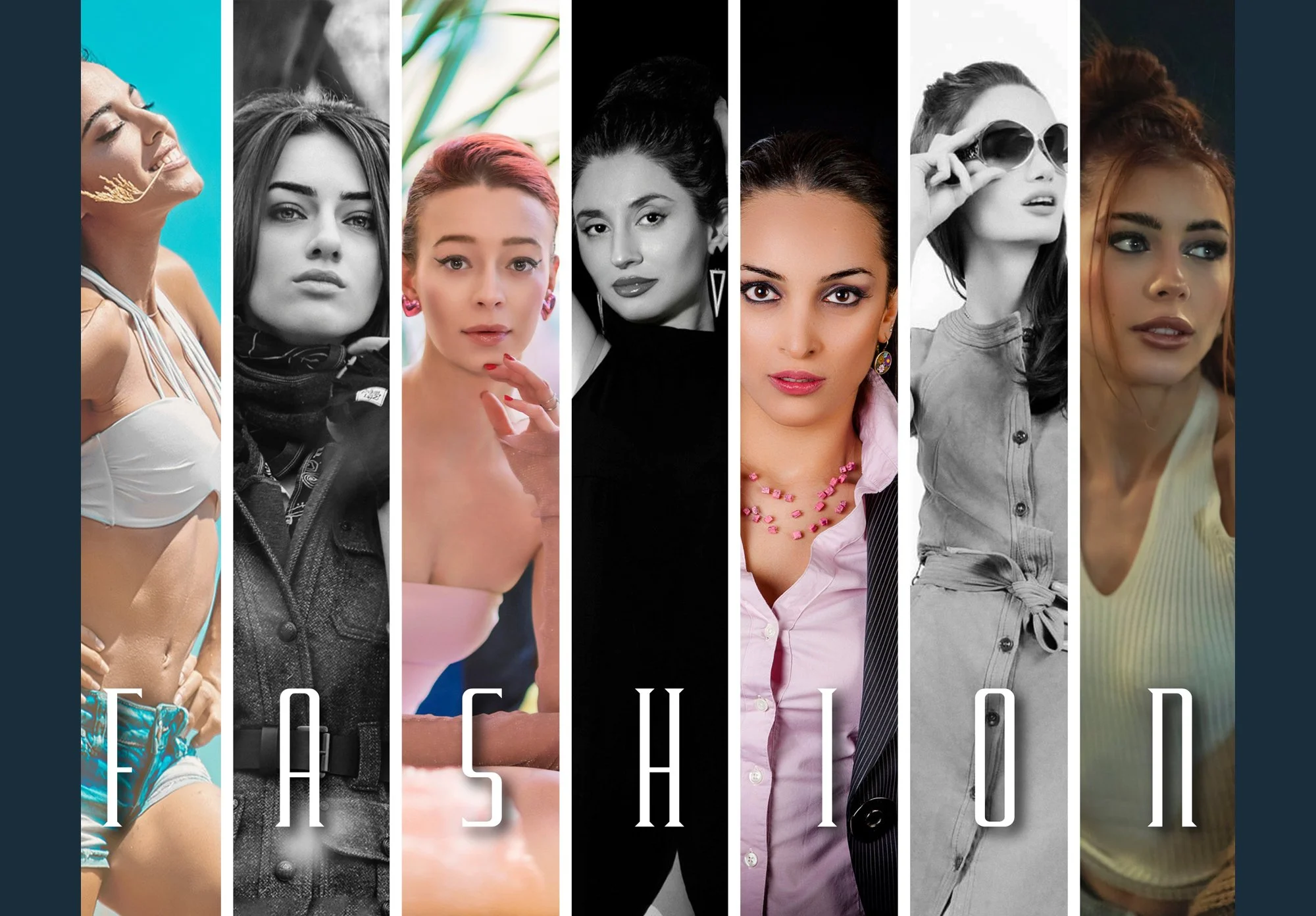 A collage of seven women, each with distinct fashion and poses, spelling out the word 'FASHION' with stylized text at the bottom.