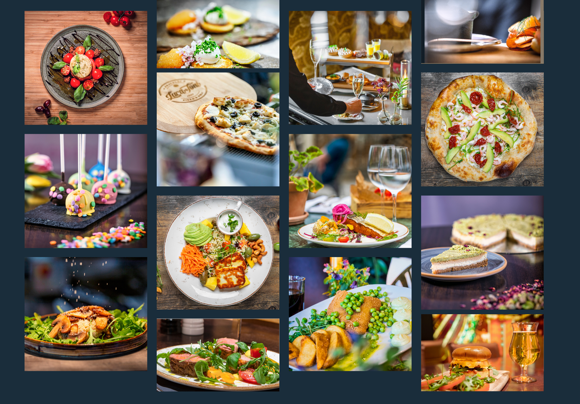Collage of various food and beverage images including salads, pizza, pasta, desserts, drinks, and appetizers in a restaurant setting.