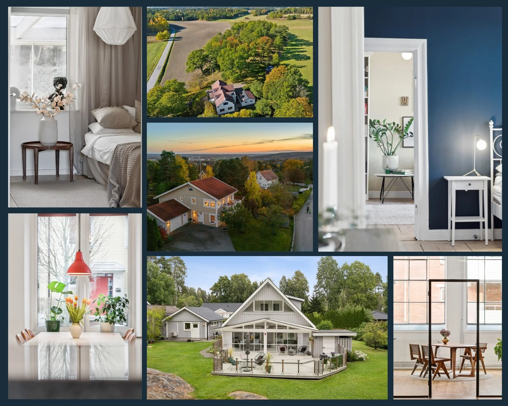 Collage of images showing various houses and interior rooms, including bedrooms, dining rooms, a deck, and views of suburban and rural landscapes with trees and open fields during sunset and daylight.