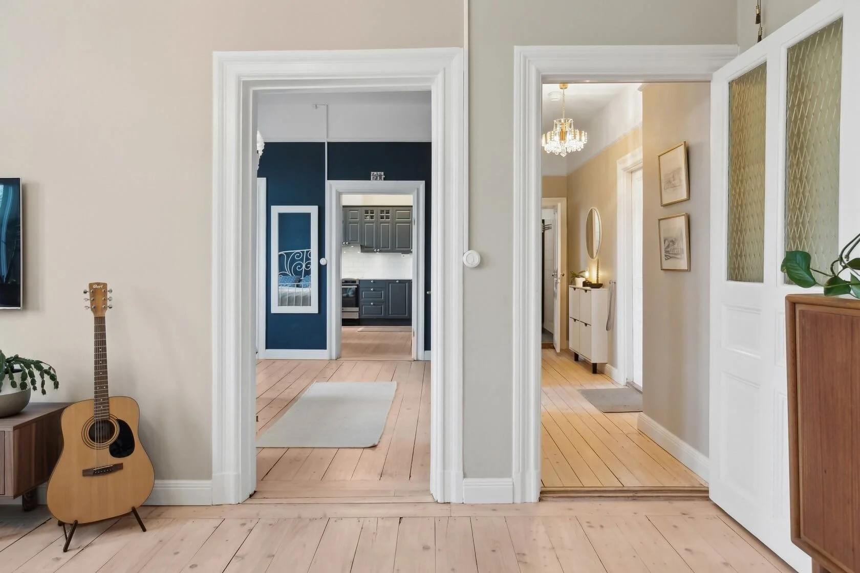 Interior view of a home hallway with multiple doorways leading to different rooms, hardwood floors, and houseplants.