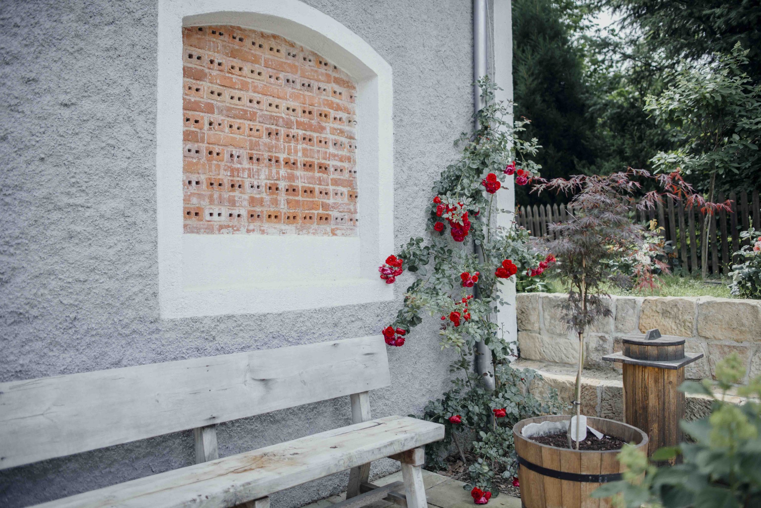Rustic outdoor setting with wooden bench, red rose bush on wall, potted plant, and wooden barrel feature.