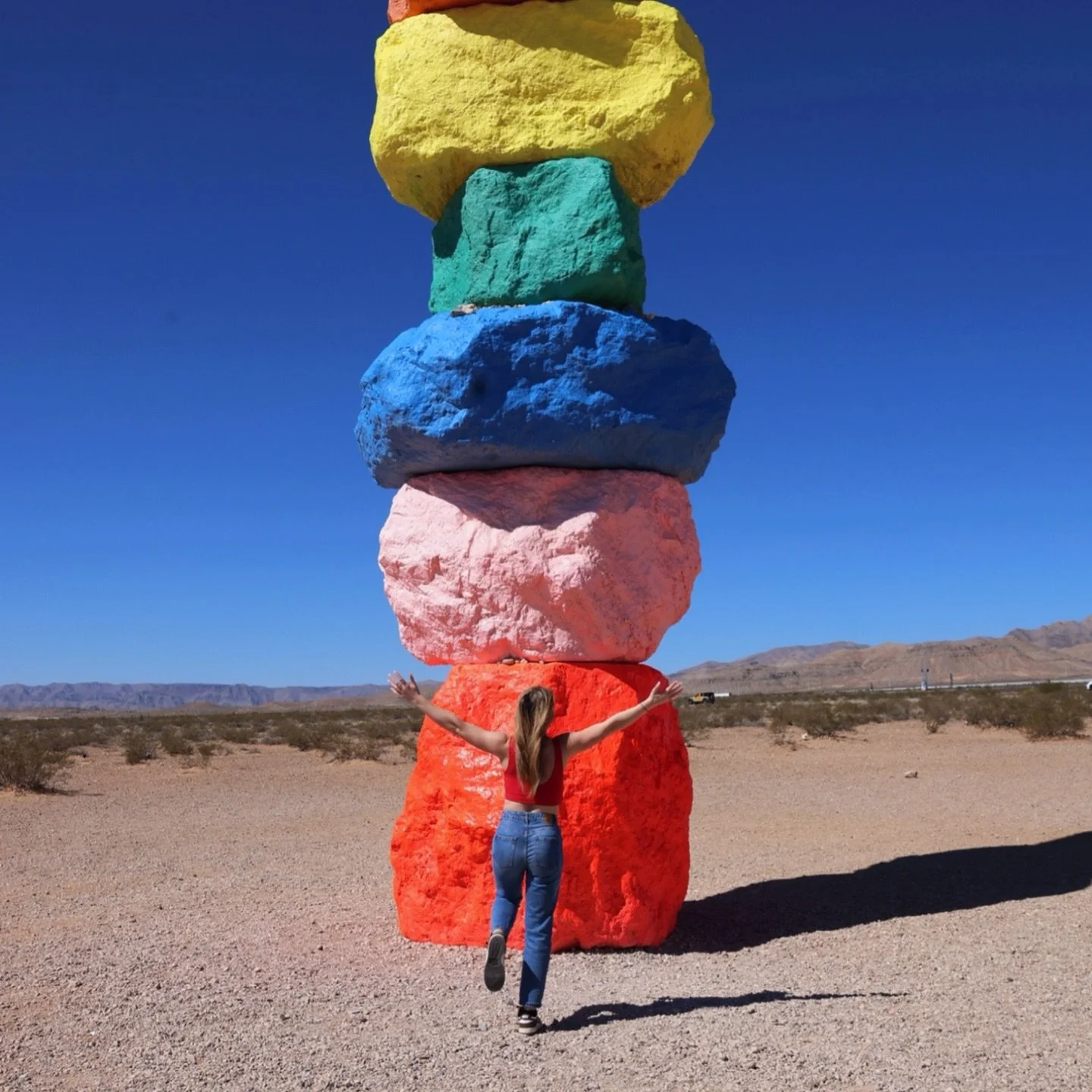 Caution: Standing near large colorful rocks may cause spontaneous joy, twirling, and bright outfit coordination.
These magic mountains really do spark some serious serotonin!

#SevenMagicMountains #BigColorfulRocks #DesertDreaming #ColorCrush #ArtMee