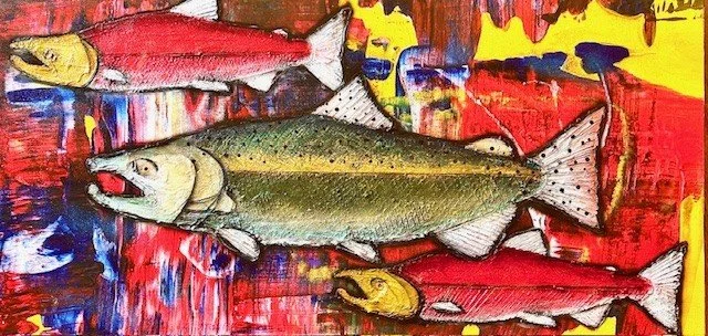 Chinook with Two Sockeye Salmon, #5472, 24"x48", acrylic on canvas, Buy at Scott Milo Gallery, Anacortes