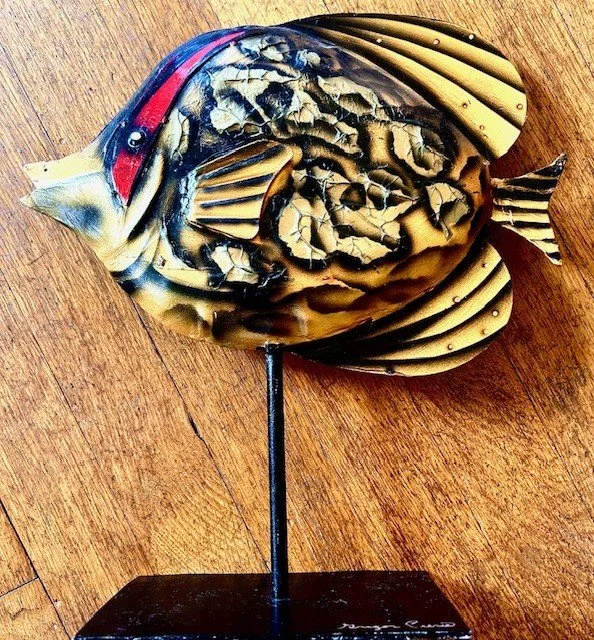 Golden Brass Fish, #5401, 11"x12", acrylic on metal, Buy at Scott Milo Gallery