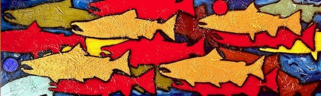 Salmon & Steelhead, #5397, 24"x72", acrylic on canvas, buy at Scott Milo Gallery, Anacortes
