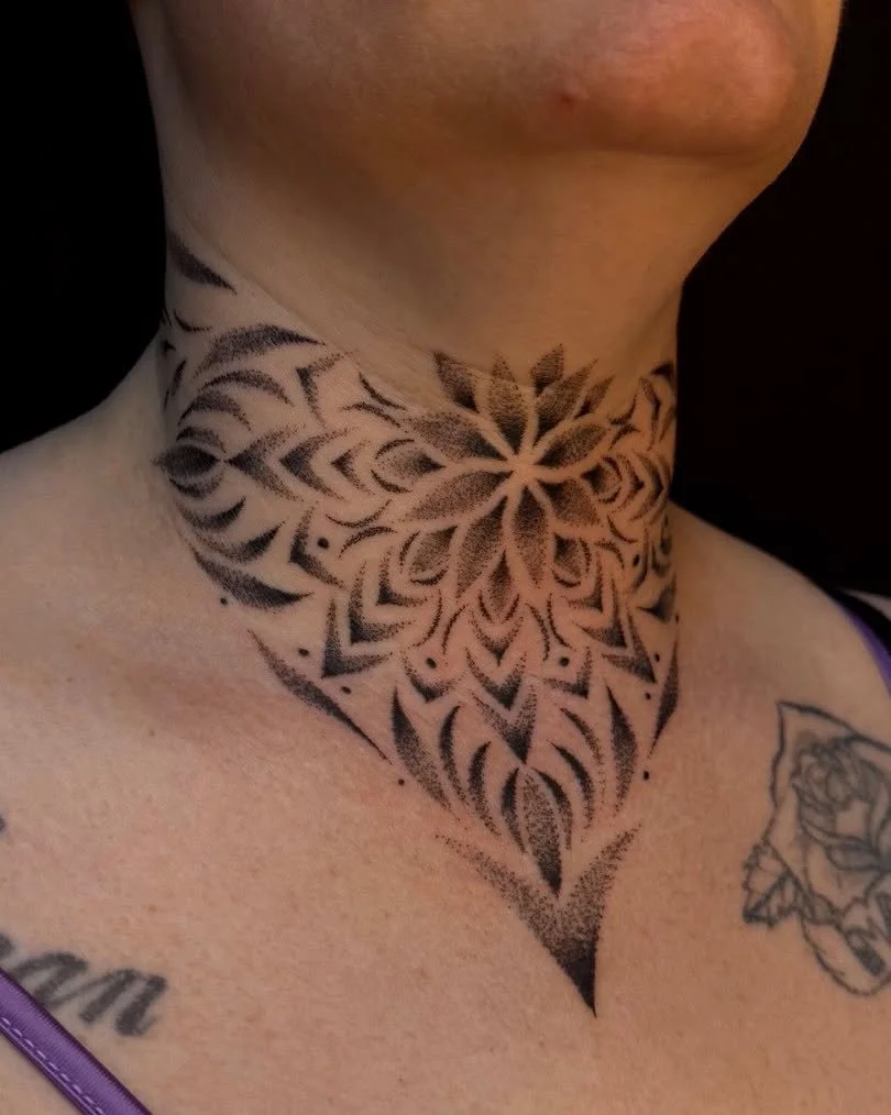 neck tattoo dotwork whipshading, delicate design in shape of heart 🖤#tattoodesign#tattooideas#dotworktattoo#