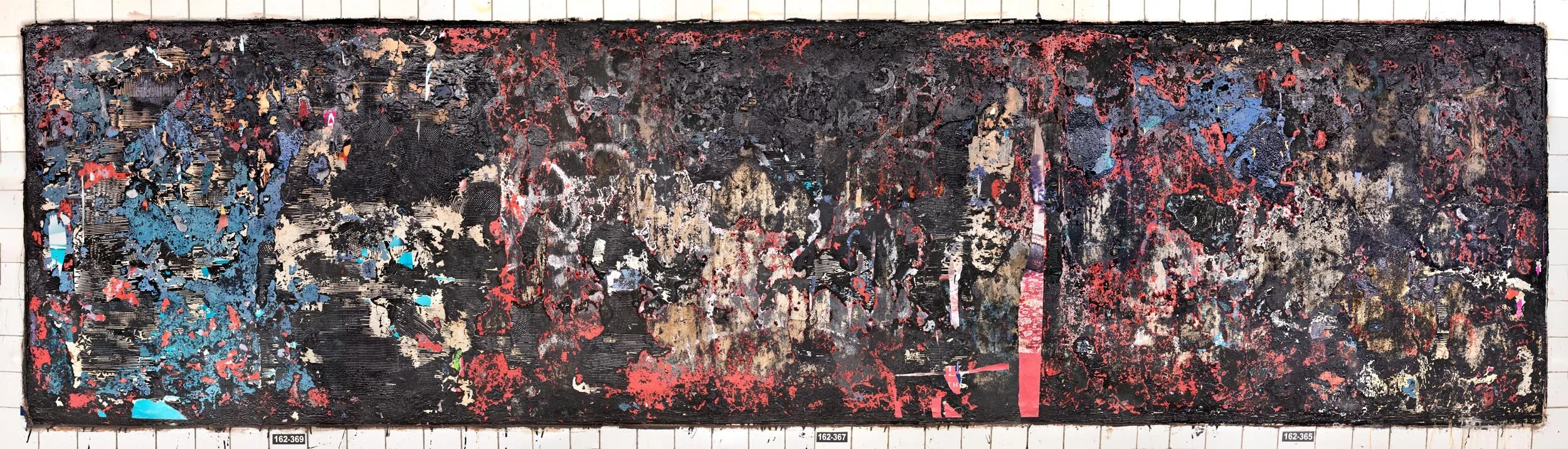 A photograph of a New York City subway advertising panel, showcasing urban decay transformed into fine art. Photographed by Barton Lewis, the image focuses on minimalist, painterly textures, poster fragments, heavily scraped surfaces and faded pigmen