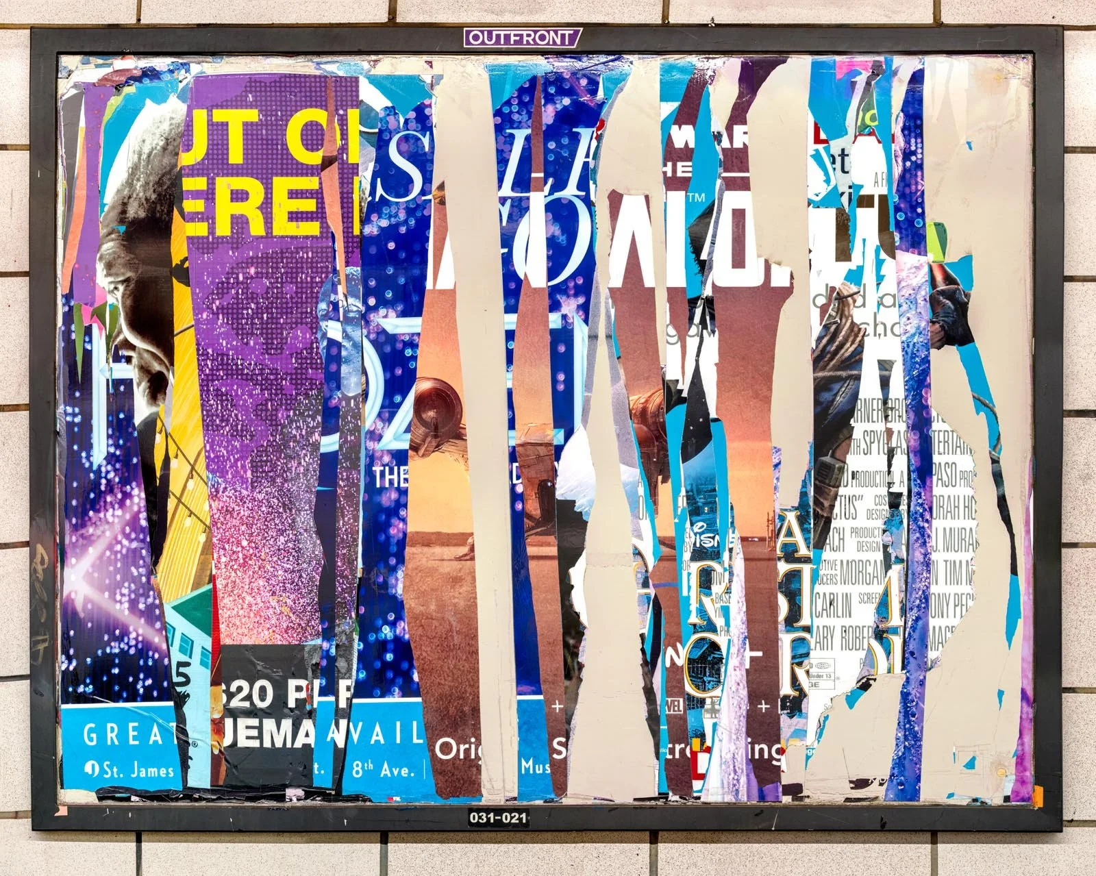 A photograph of a New York City subway advertising panel, containing posters torn by street artists and subway riders to create collage-like compositions.  Shot by Barton Lewis, capturing continuously mutating surfaces transformed into art by street 