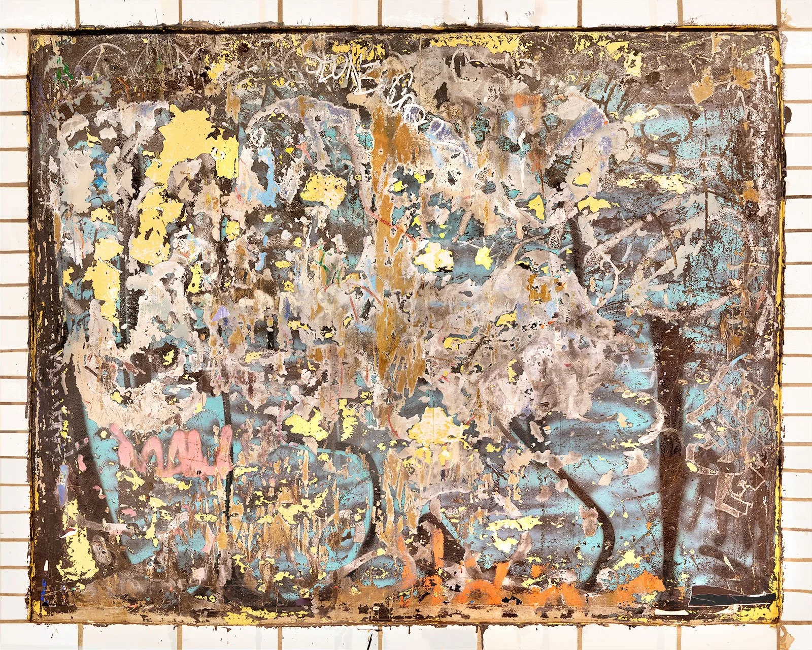 A photograph of a New York City subway advertising panel, showcasing urban decay transformed into fine art. Photographed by Barton Lewis, the image focuses on minimalist, painterly textures, poster fragments, heavily scraped surfaces and faded pigmen