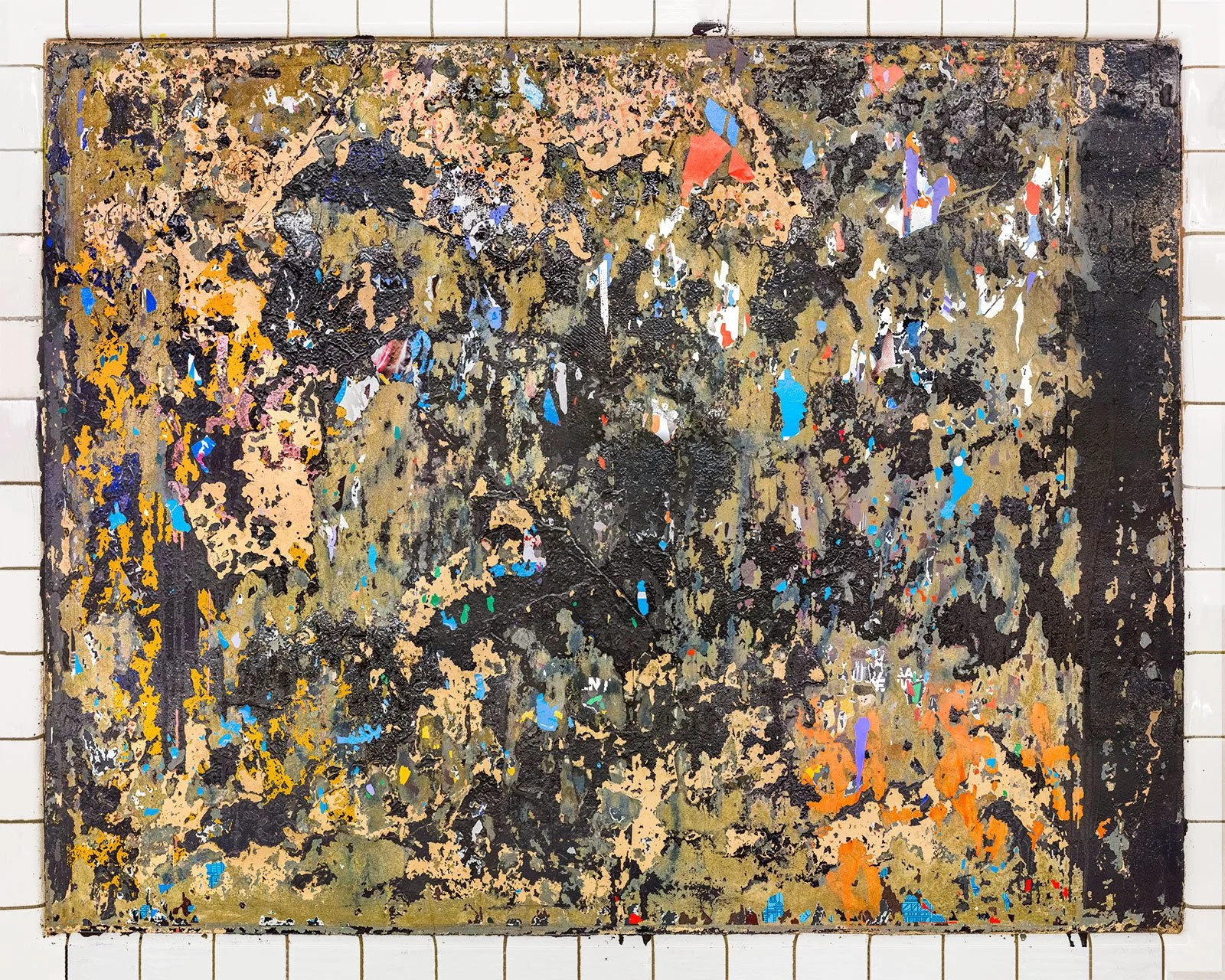A photograph of a New York City subway advertising panel, showcasing urban decay transformed into fine art. Photographed by Barton Lewis, the image focuses on minimalist, painterly textures, poster fragments, heavily scraped surfaces and faded pigmen