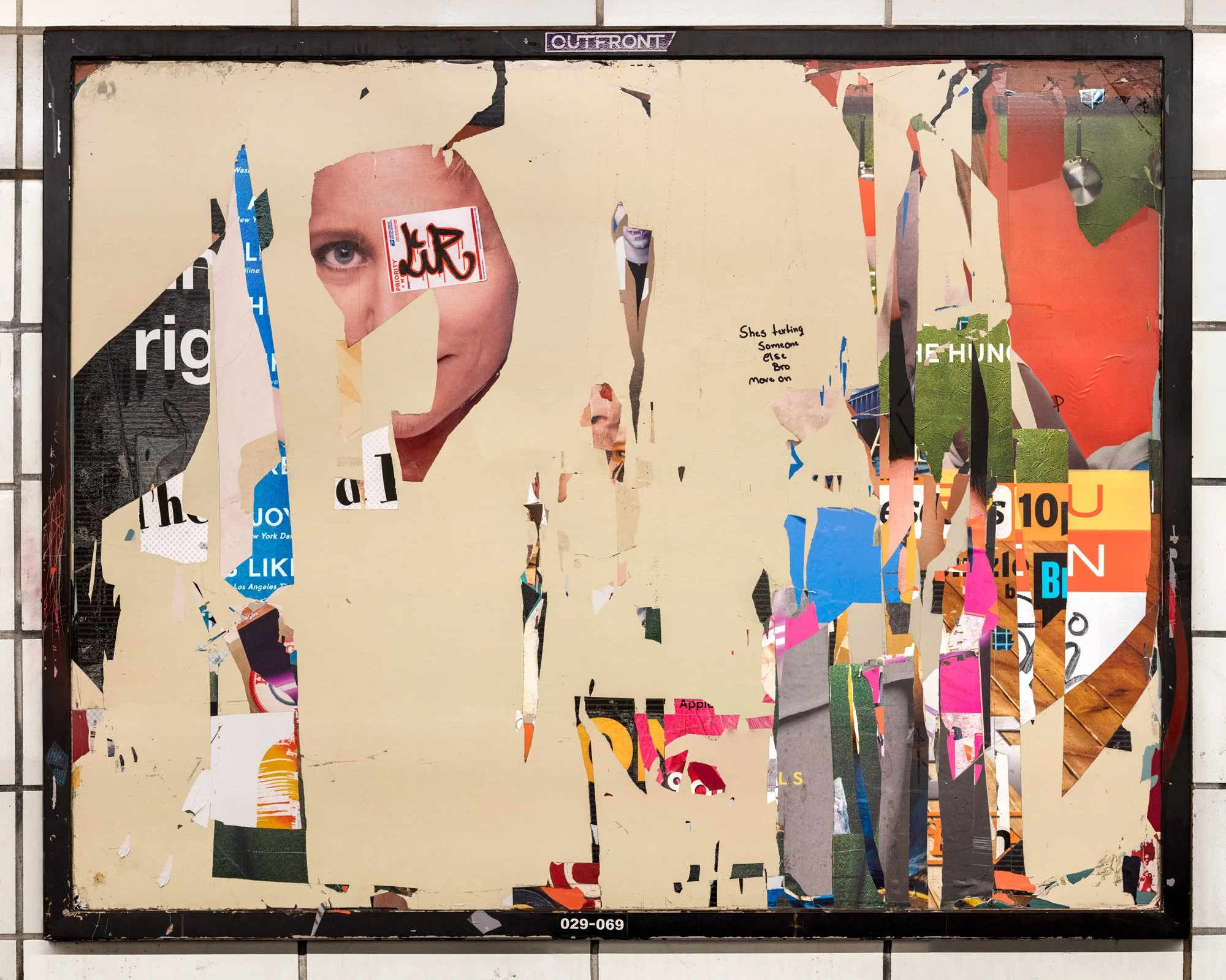 Fine art photography print of deeply layered, torn advertising posters on a New York City subway wall. This urban collage composition highlights fragmented typography, shredded paper textures, and weathered street media captured by contemporary artis