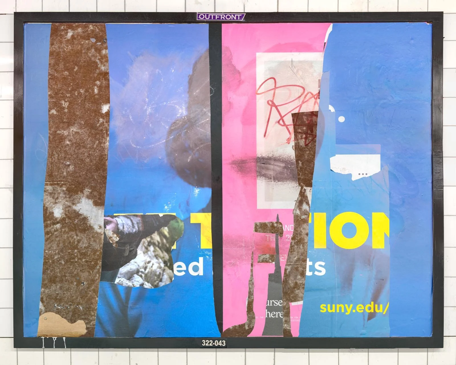 A photograph of a New York City subway advertising panel, containing posters torn by street artists and subway riders to create collage-like compositions.  Shot by Barton Lewis, capturing continuously mutating surfaces transformed into art by street 