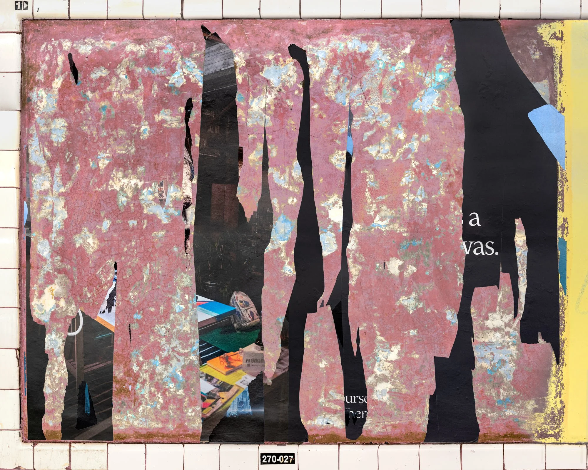 Fine art urban photography of a scraped subway panel resembling an abstract expressionist painting. This organic composition features layers of chipped paint, fragments of torn posters and graffiti, captured by Barton Lewis.
