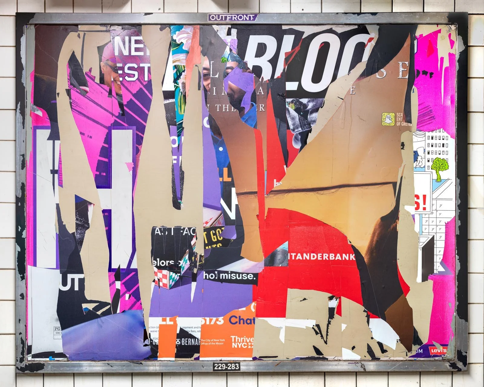 A photograph of a New York City subway advertising panel, containing posters torn by street artists and subway riders to create collage-like compositions.  Shot by Barton Lewis, capturing continuously mutating surfaces transformed into art by street 