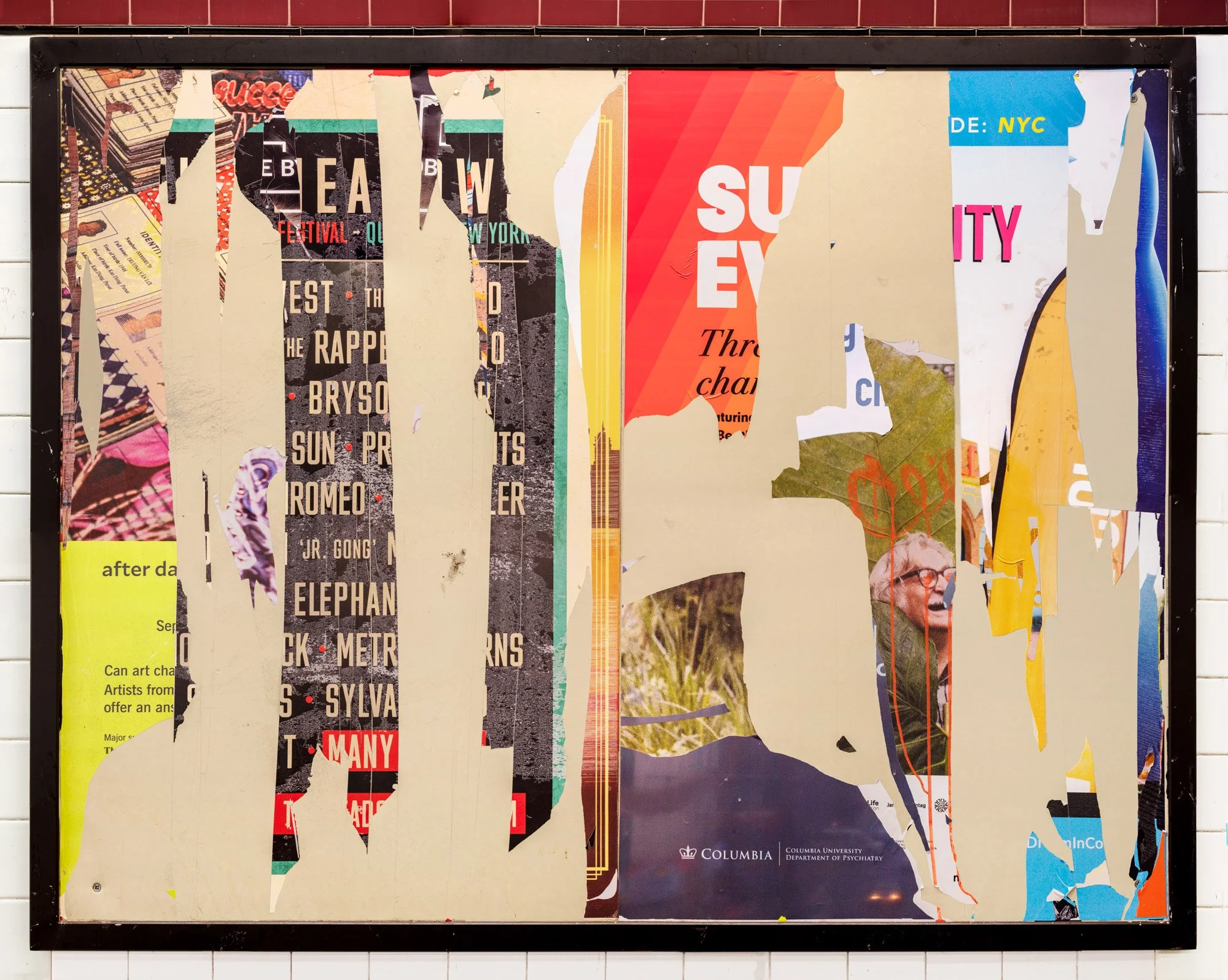 Fine art photography print of deeply layered, torn advertising posters on a New York City subway wall. This urban collage composition highlights fragmented typography, shredded paper textures, and weathered street media captured by contemporary artis