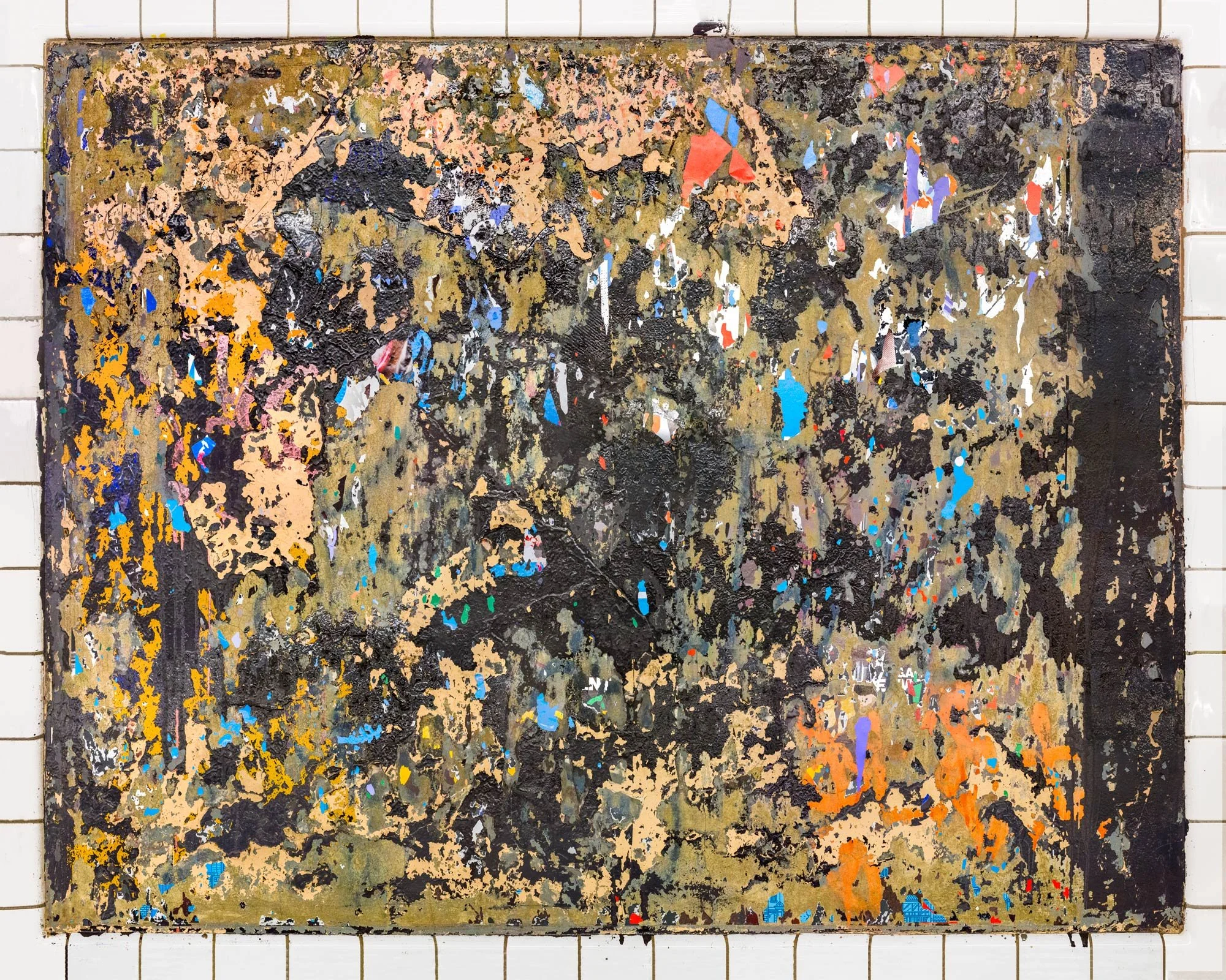 Fine art urban photography of a scraped subway panel resembling an abstract expressionist painting. This organic composition features layers of chipped paint, fragments of torn posters and graffiti, captured by Barton Lewis.