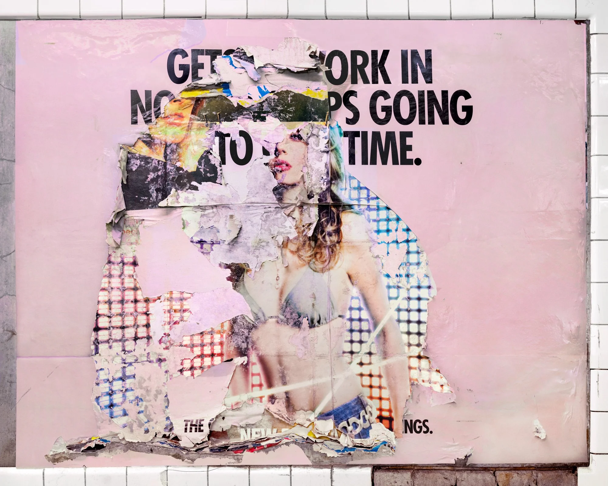Fine art photography print of deeply layered, torn advertising posters on a New York City subway wall. This urban collage composition highlights fragmented typography, shredded paper textures, and weathered street media captured by contemporary artis