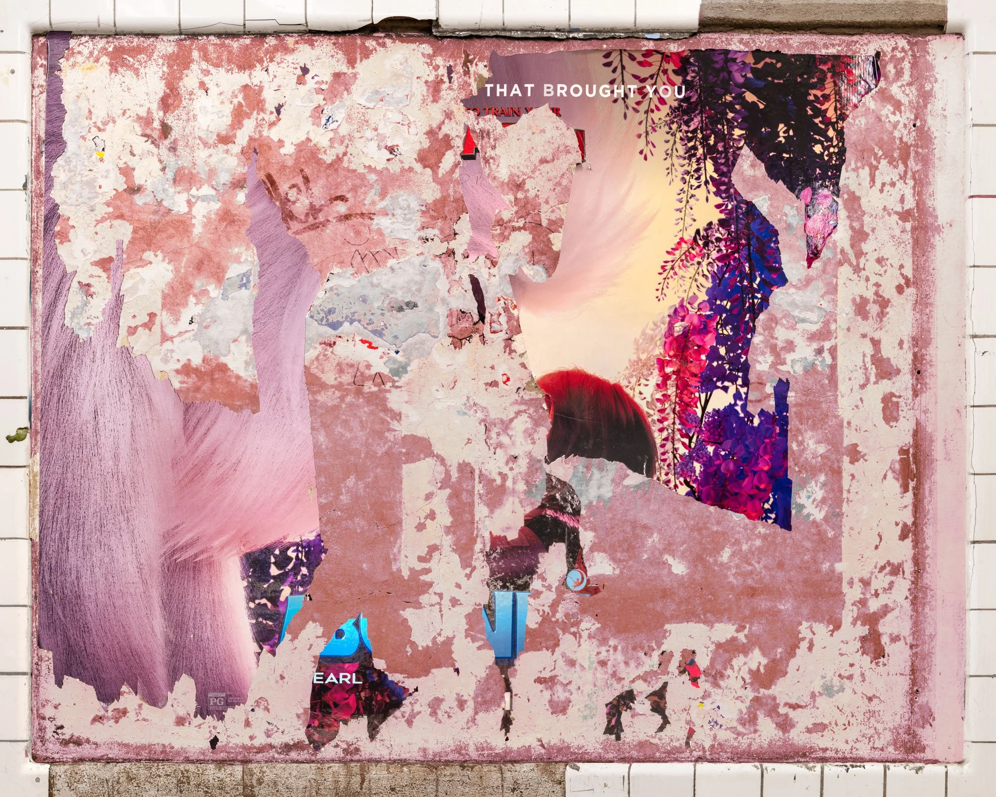 Fine art urban photography of a scraped subway panel resembling an abstract expressionist painting. This organic composition features layers of chipped paint, fragments of torn posters and graffiti, captured by Barton Lewis.