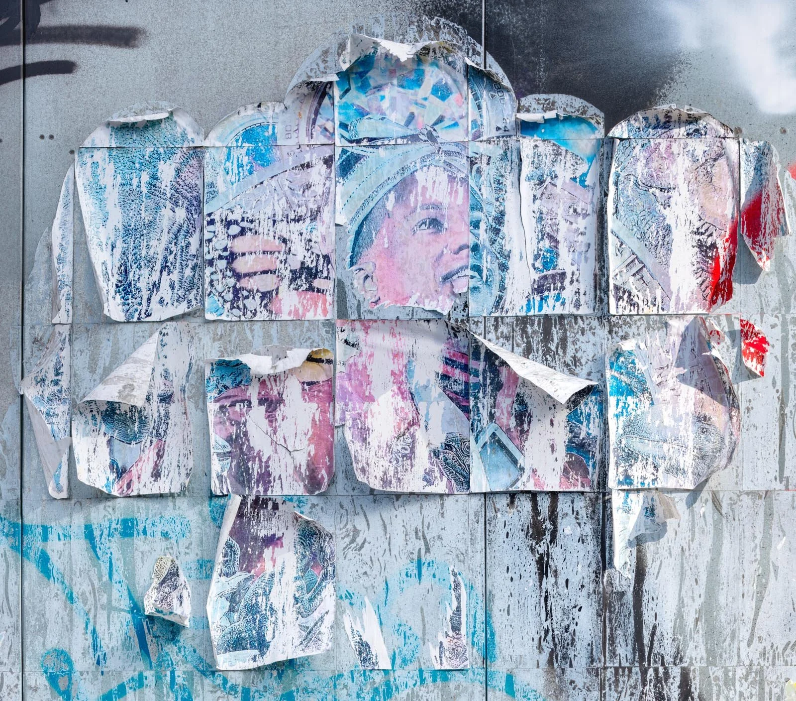 Fine art urban photography capturing decaying advertising posters on a plywood construction site fence. The composition isolates layers of shredded commercial paper, weathered textures, and accidental street art by Barton Lewis.